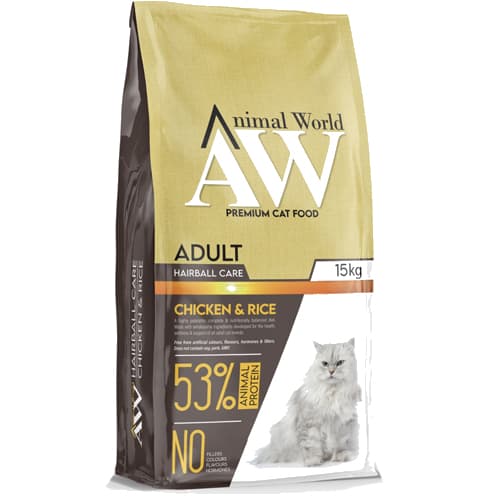 أكل القطط التركي للقطط البالغة بروتين عالي - AW ADULT CAT CHICKEN & RICE (HARIBALL CARE - 53% Animal Protein) 15 KG
