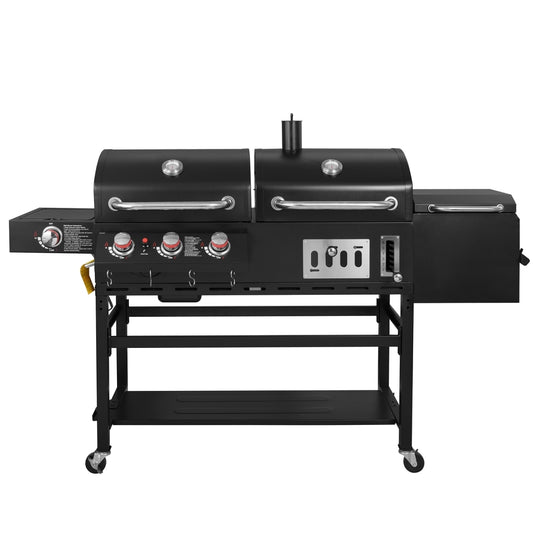مشوى غاز وفحم 3 شعلات مع مدخنة جانبية وموقد جانبي | 3-Burner Gas & Charcoal Combo Grill with Offset Smoker