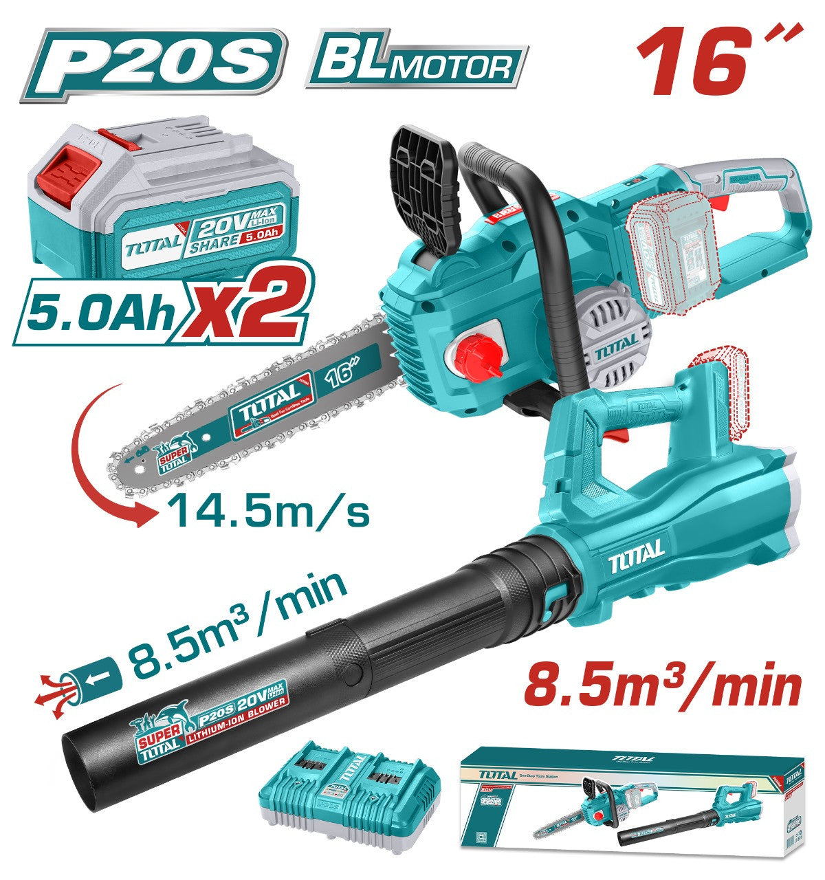 عرض مجموعة توتال - منشار كهربائي لاسلكي و منفاخ هواء - Total Combo Deal 20v Cordless Chain Saw and Blower