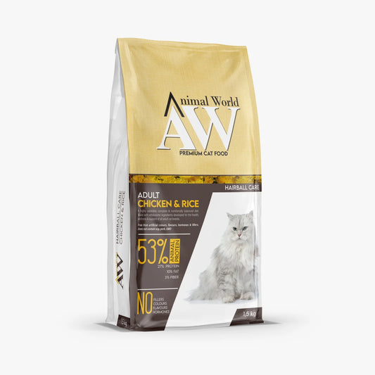 أكل القطط التركي للقطط البالغة بروتين عالي - AW ADULT CAT CHICKEN & RICE (HARIBALL CARE - 53% Animal Protein) 1.5 KG