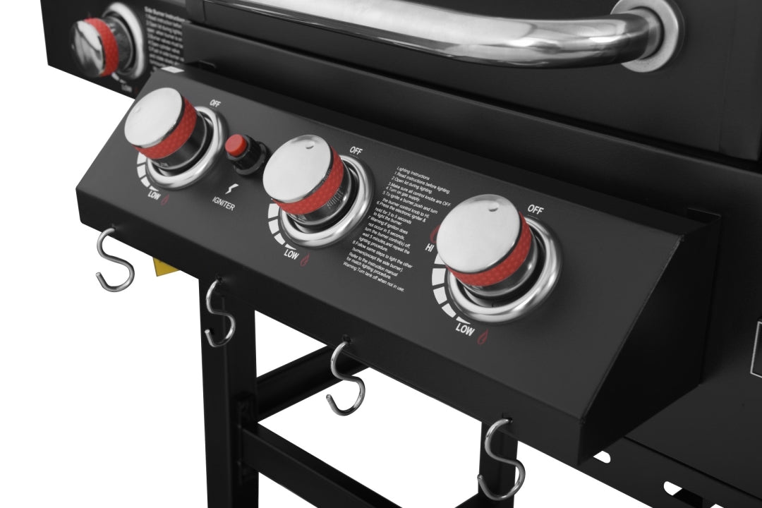 مشوى غاز وفحم 3 شعلات مع مدخنة جانبية وموقد جانبي | 3-Burner Gas & Charcoal Combo Grill with Offset Smoker