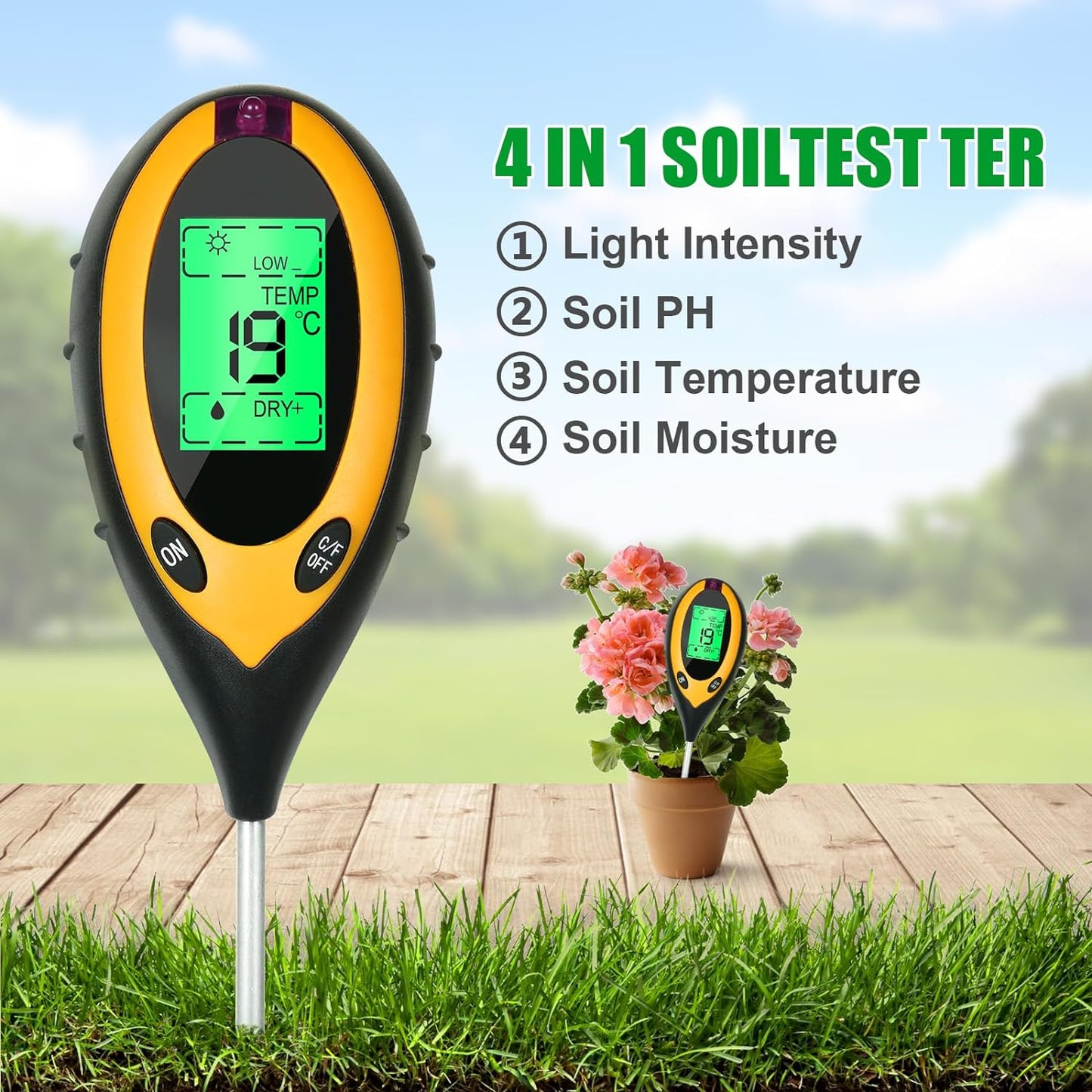 جهاز فحص التربة درجة الحموضة ، درجة الحرارة ، نسبة الرطوبة ، نسبة الإضاءة - Soil Tester, 4 in 1 TEMP, PH , HUM, LIGHT