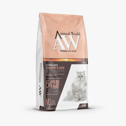 AW أكل القطط التركي للقطط البالغة المعقمة بالرز والروبيان والسلمون 1.5 - PREMIUM AW ADULT CAT STERILISED SALMON & RICE - N & SALMON & SHRIMP