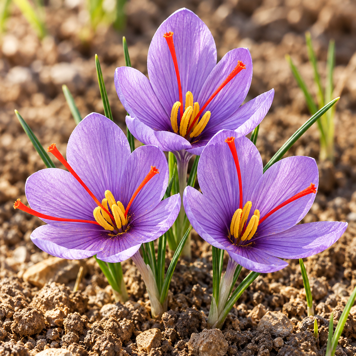 أزهار زعفران بنفسجية بمياسم حمراء Crocus sativus