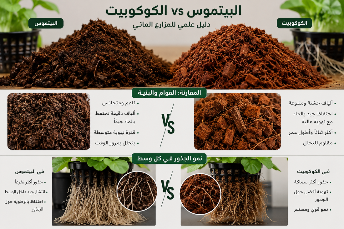 البيتموس أم الكوكوبيت؟ كيف تختار الوسط الزراعي الأفضل للزراعة المائية؟