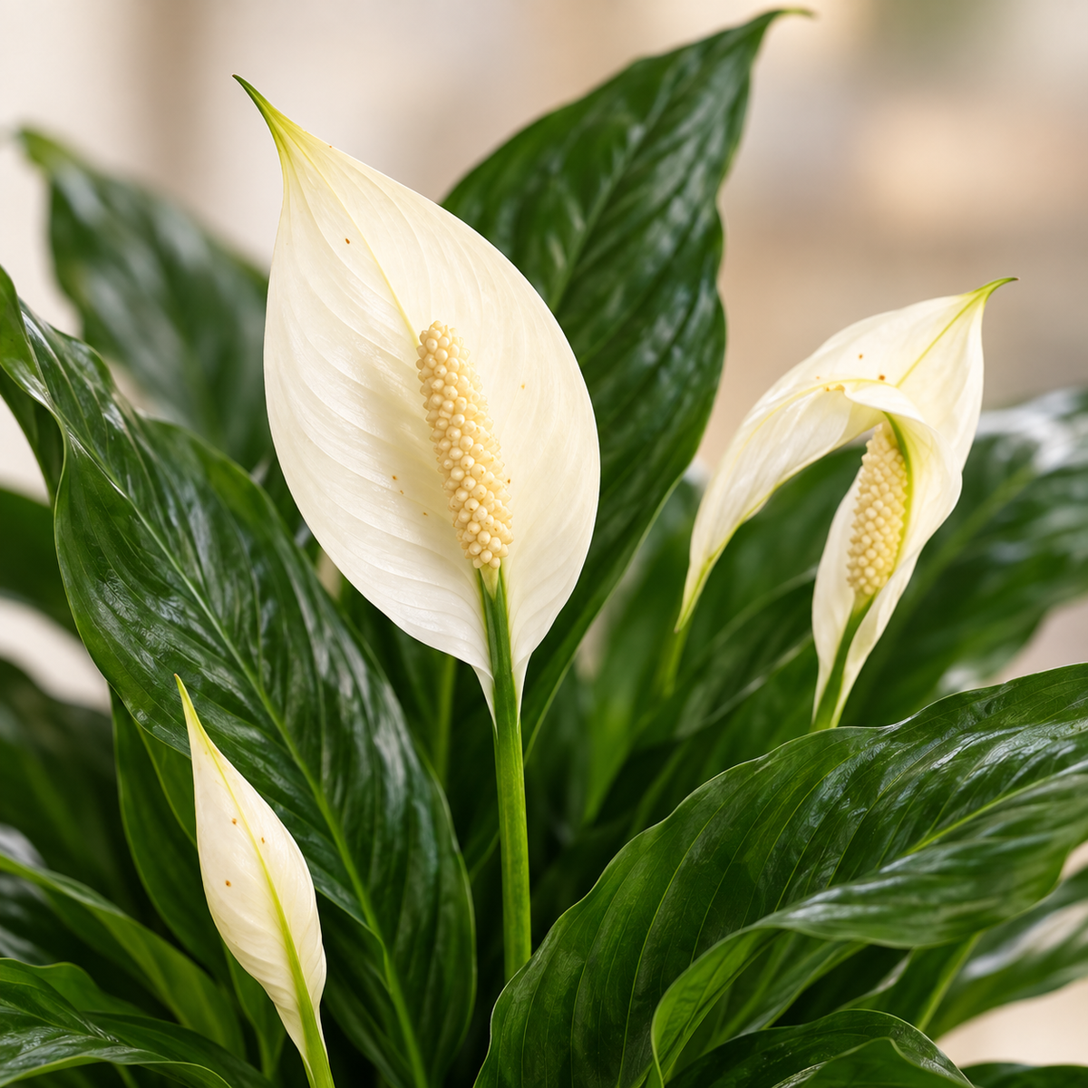 نبات Peace Lily صغير داخل أصيص ديكوري بجانب كنبة