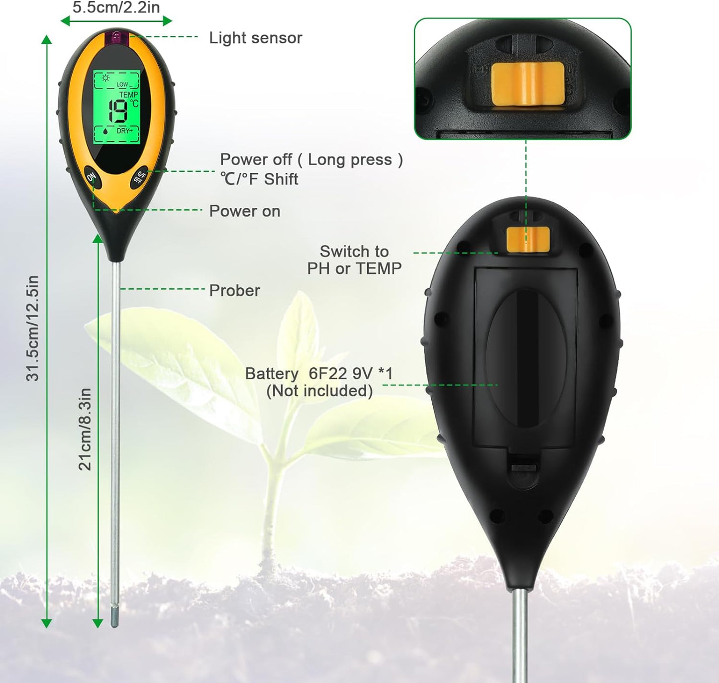 Soil Tester, 4 in 1 TEMP, PH , HUM, LIGHT - جهاز فحص التربة درجة الحموضة ، درجة الحرارة ، نسبة الرطوبة ، نسبة الإضاءة