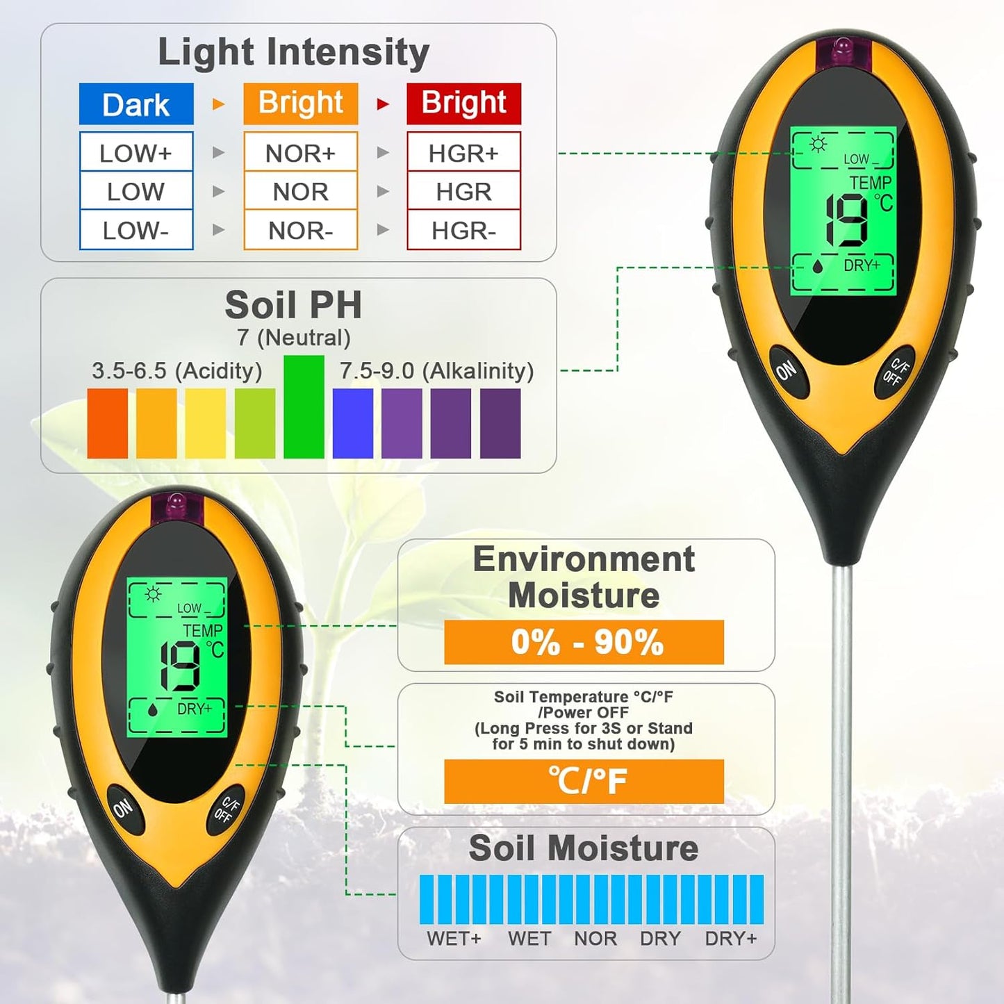 Soil Tester, 4 in 1 TEMP, PH , HUM, LIGHT - جهاز فحص التربة درجة الحموضة ، درجة الحرارة ، نسبة الرطوبة ، نسبة الإضاءة