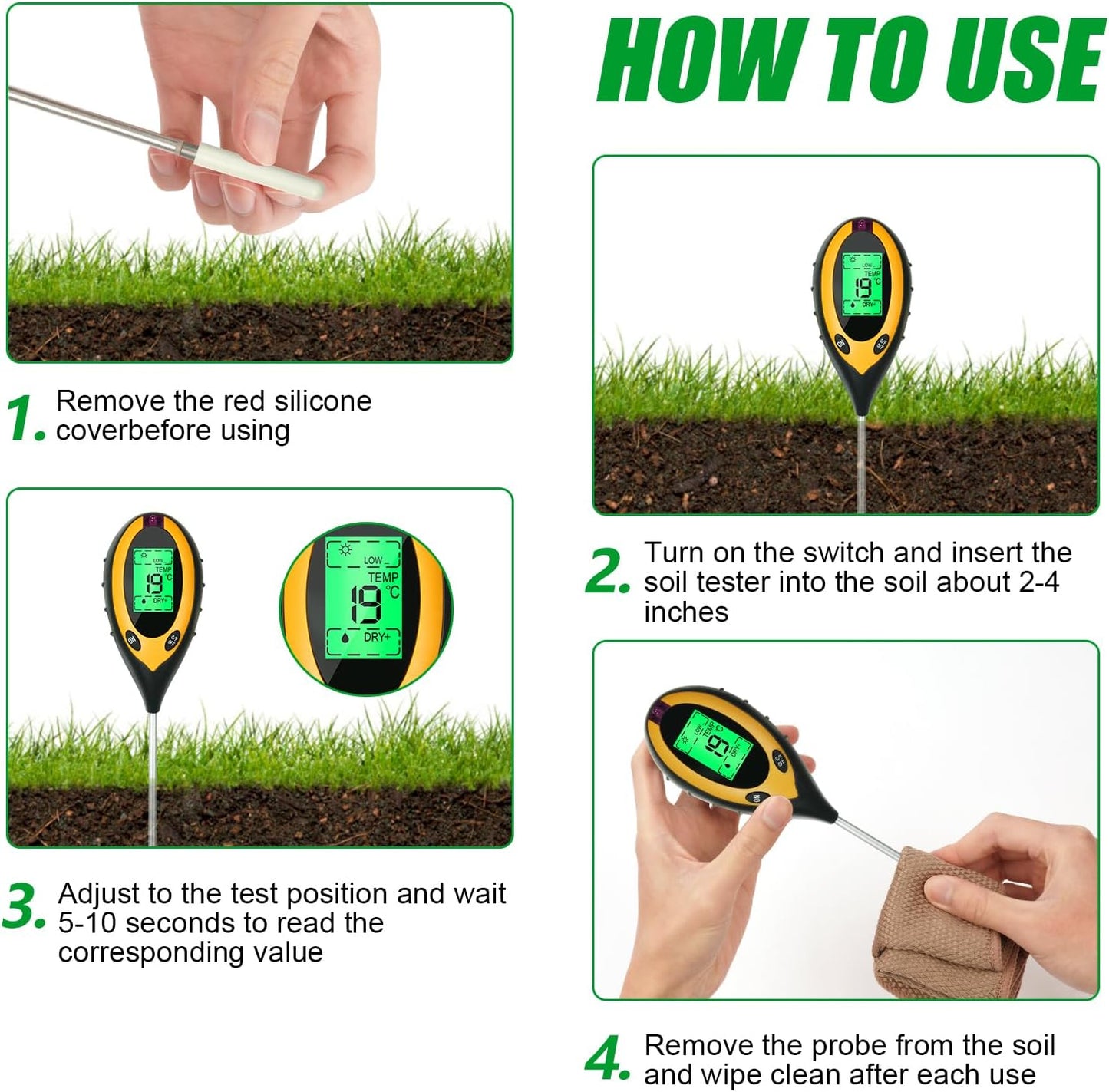 Soil Tester, 4 in 1 TEMP, PH , HUM, LIGHT - جهاز فحص التربة درجة الحموضة ، درجة الحرارة ، نسبة الرطوبة ، نسبة الإضاءة