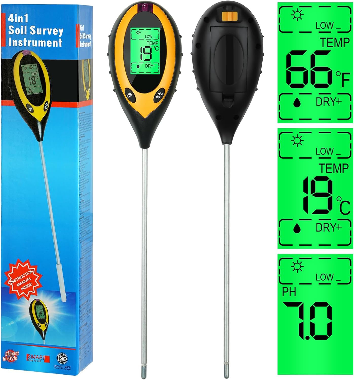 Soil Tester, 4 in 1 TEMP, PH , HUM, LIGHT - جهاز فحص التربة درجة الحموضة ، درجة الحرارة ، نسبة الرطوبة ، نسبة الإضاءة