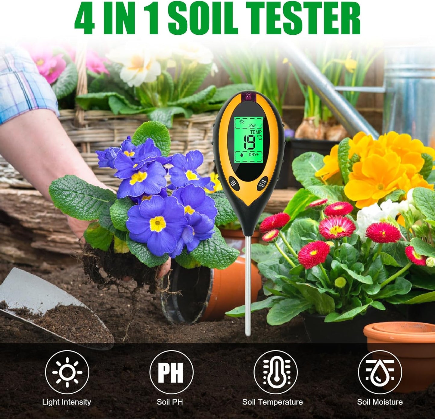 Soil Tester, 4 in 1 TEMP, PH , HUM, LIGHT - جهاز فحص التربة درجة الحموضة ، درجة الحرارة ، نسبة الرطوبة ، نسبة الإضاءة