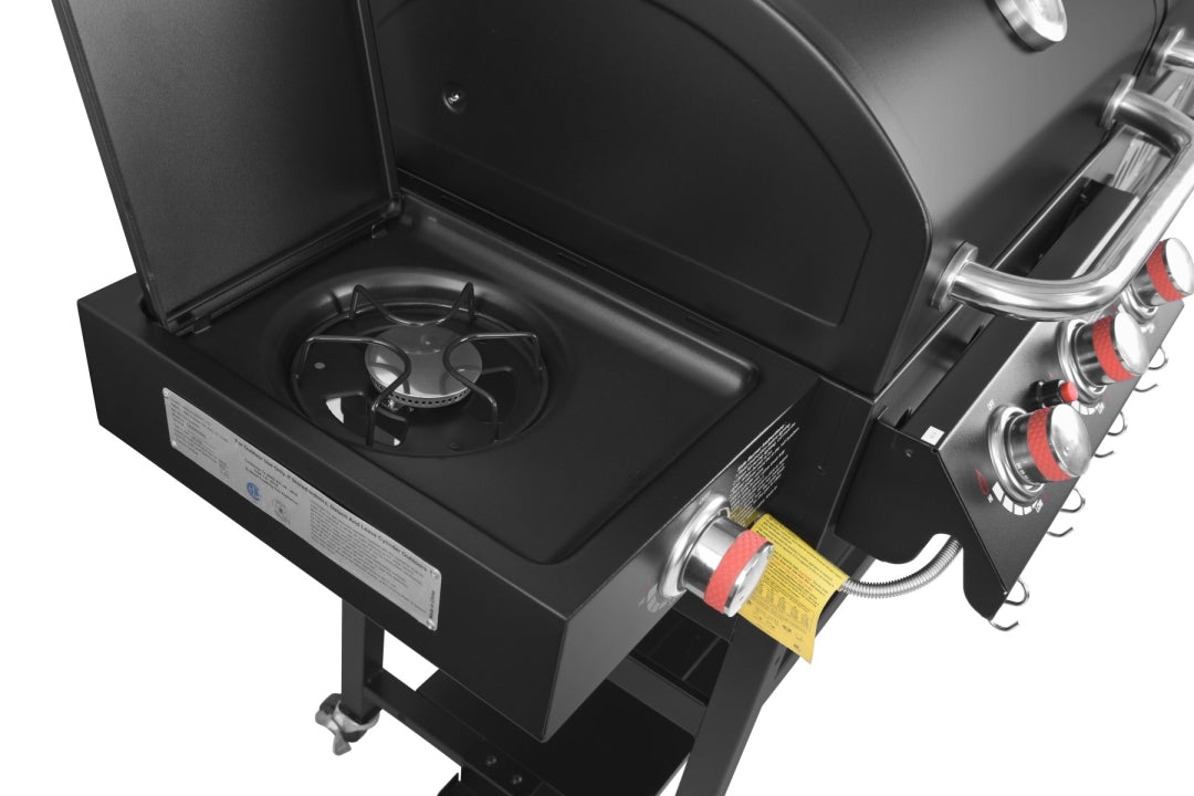 مشوى غاز وفحم 3 شعلات مع مدخنة جانبية وموقد جانبي | 3-Burner Gas & Charcoal Combo Grill with Offset Smoker