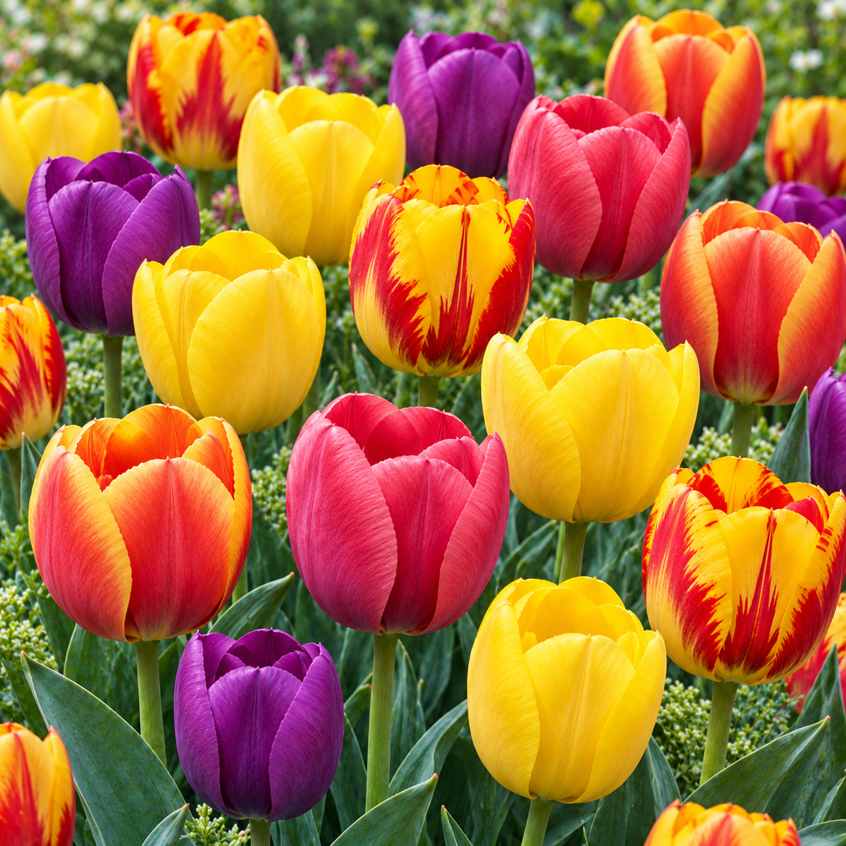 مشهد توضيحي لزهور تيوليب متعددة الألوان لتشكيلة Tulip Mix، وقد تختلف ألوان العبوة