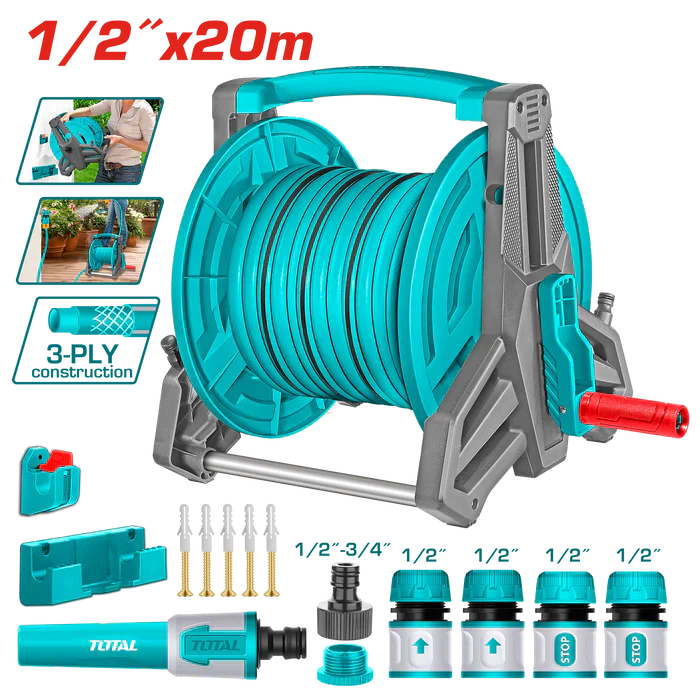 بربيش ماء مع بكرة وملحقات من توتال 20 متر 1/2 انش - Total 20M Garden Hose Reel Set 1/2" With Accessories
