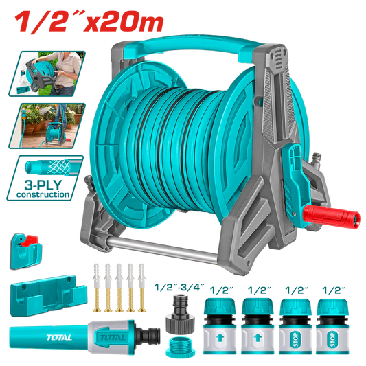 بربيش ماء مع بكرة وملحقات من توتال 20 متر 1/2 انش - Total 20M Garden Hose Reel Set 1/2" With Accessories