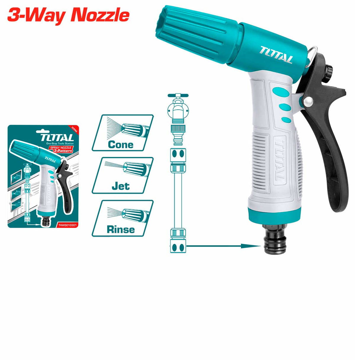 فرد رش ماء بلاستيكي قابل للتعديل بثلاث حركات من توتال - Total Plastic Trigger Nozzle