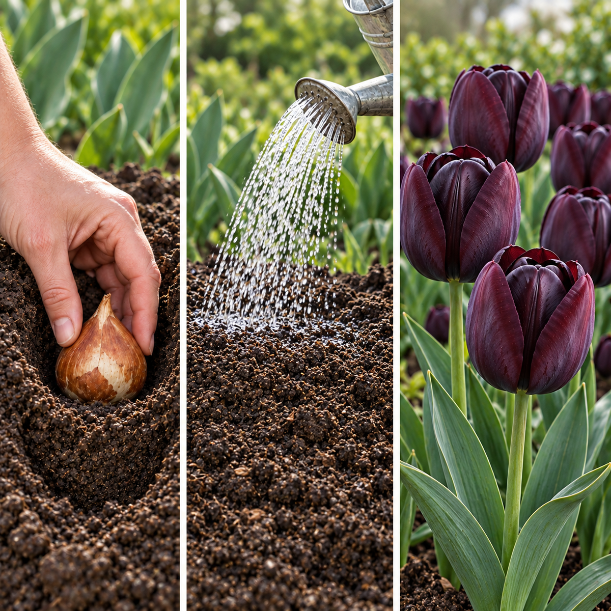 دليل مصور توضيحي لغرس بصلة تيوليب وري التربة ثم إزهار كوين أوف نايت