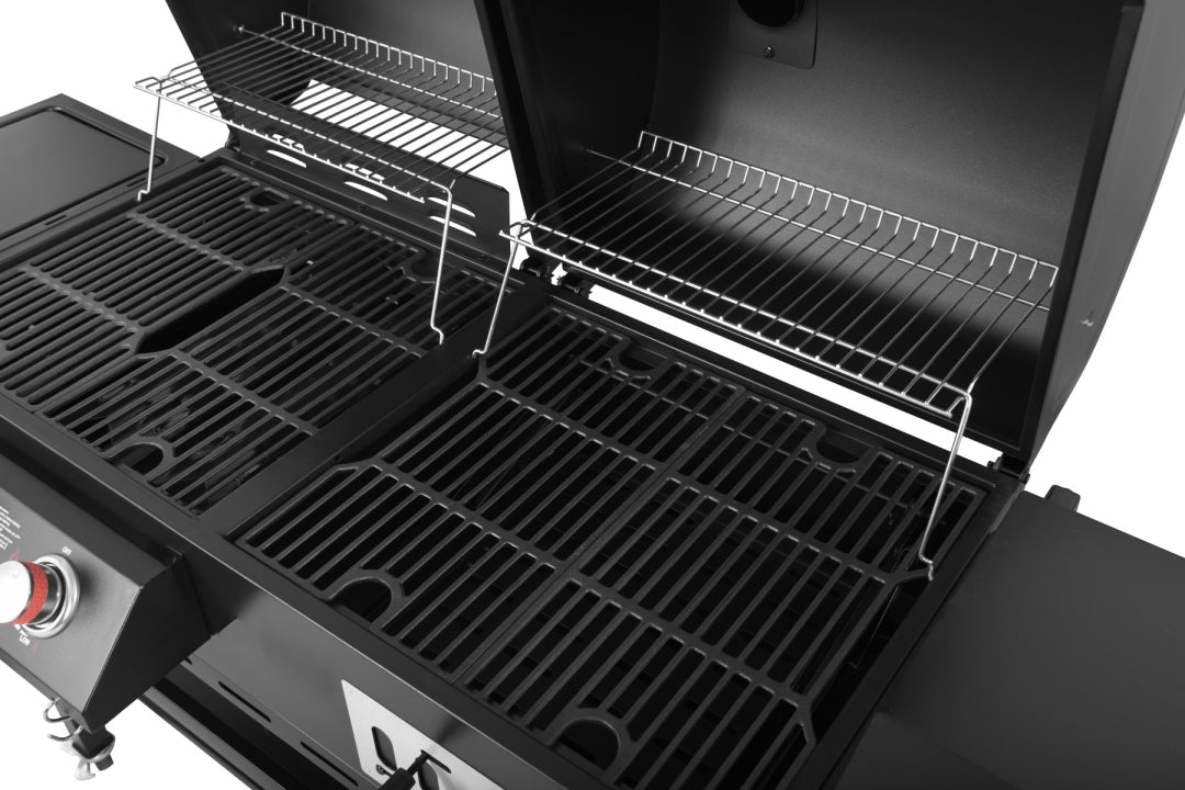 مشوى غاز وفحم 3 شعلات مع مدخنة جانبية وموقد جانبي | 3-Burner Gas & Charcoal Combo Grill with Offset Smoker