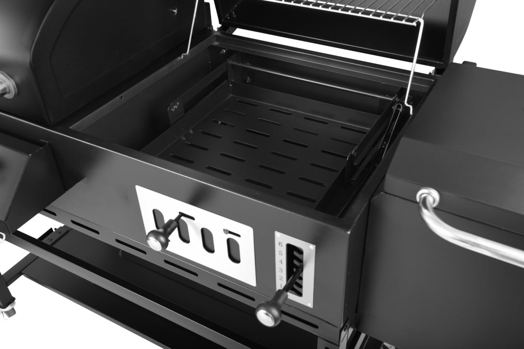 مشوى غاز وفحم 3 شعلات مع مدخنة جانبية وموقد جانبي | 3-Burner Gas & Charcoal Combo Grill with Offset Smoker