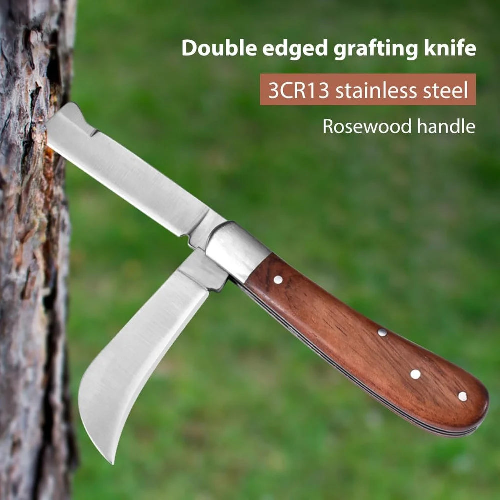 سكين تطعيم مزدوج الشفرة بمقبض خشبي - Double Blade Grafting Knife with Wooden Handle